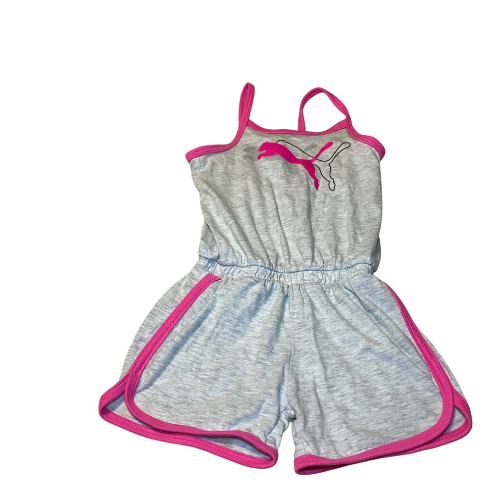 Puma Girls Size 4T Gray Pink Logo Romper One Piece Shorts Bodysuit